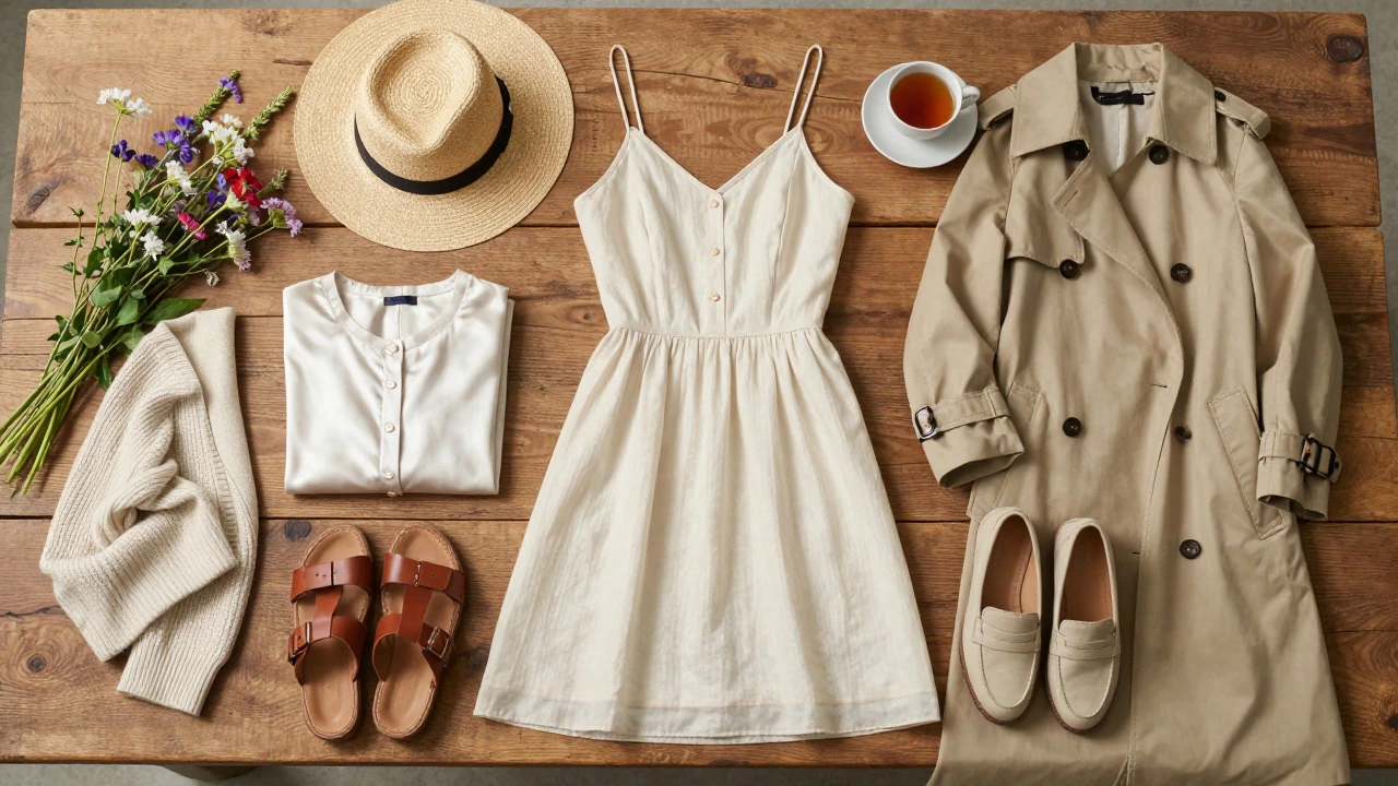 Flat lay of sundress and summer dress with layering accessories on wood