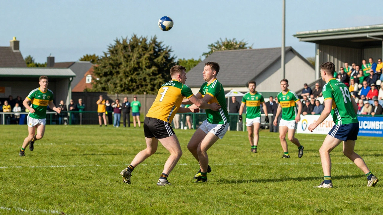 Gaelic football players in action on a sunny rural Irish pitch