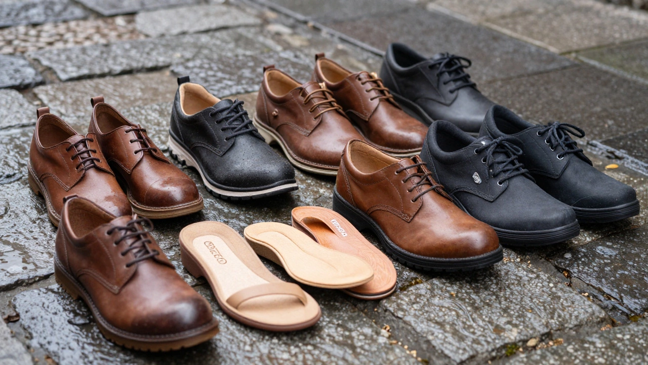 High-quality work shoes displayed on wet cobblestones, showing durable soles