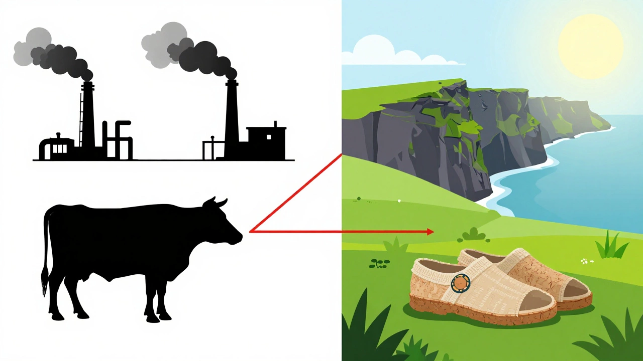 Illustration comparing leather's environmental impact vs sustainable alternatives