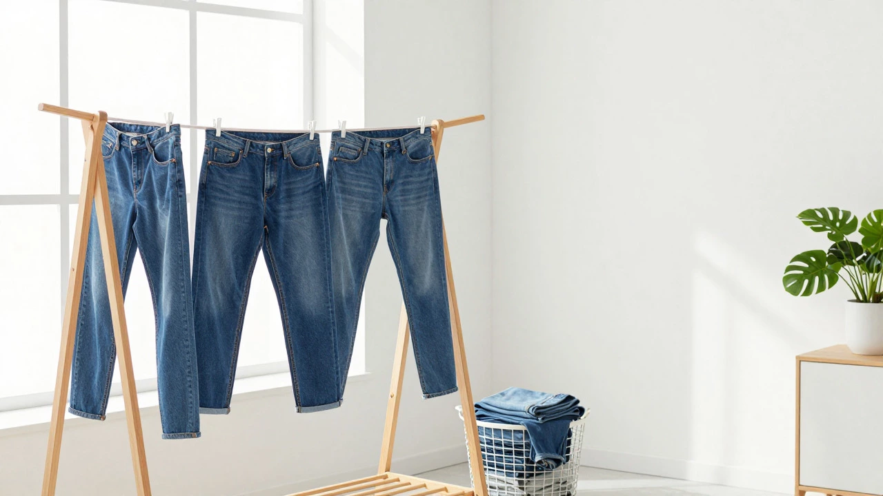Jeans hanging to air dry indoors for proper care
