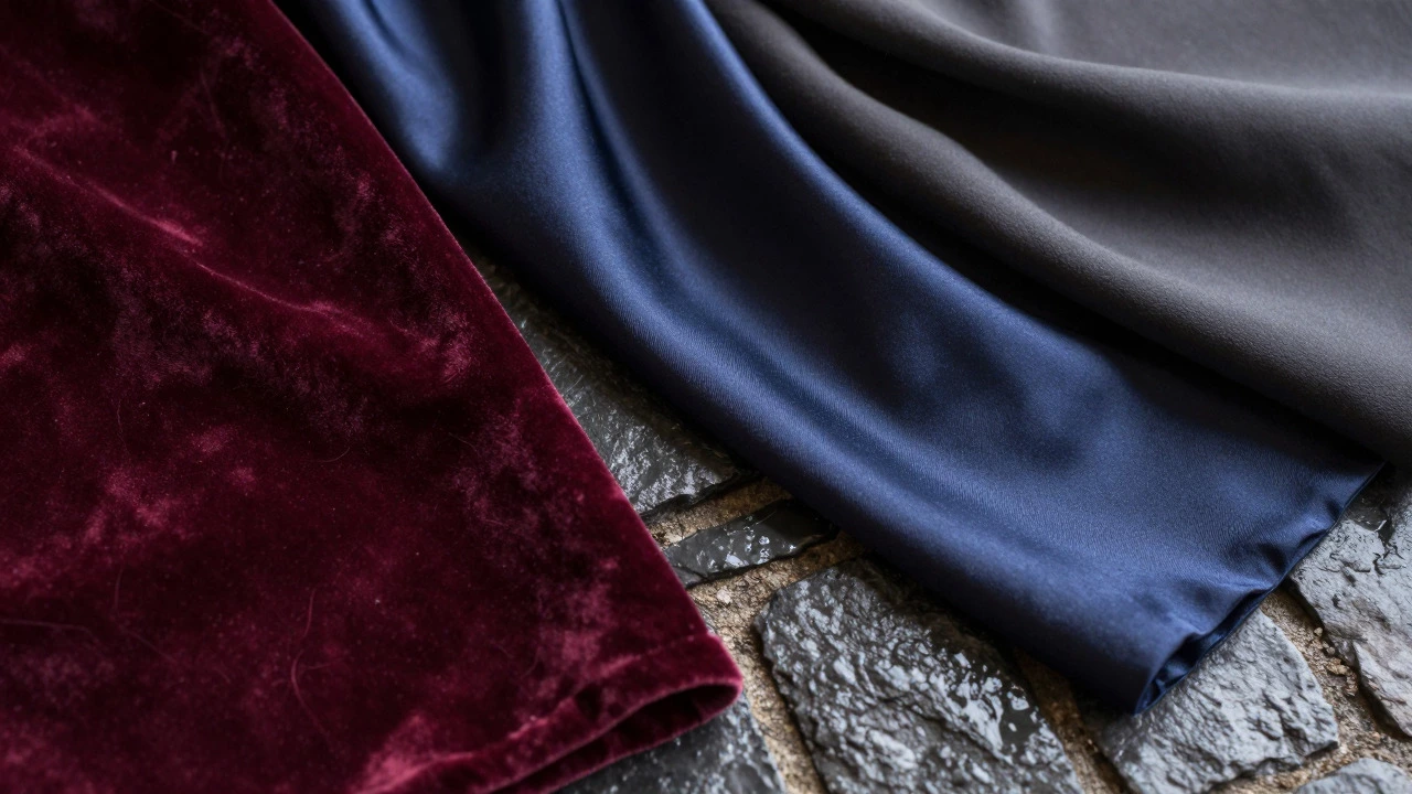 Luxurious velvet and satin fabric swatches close-up