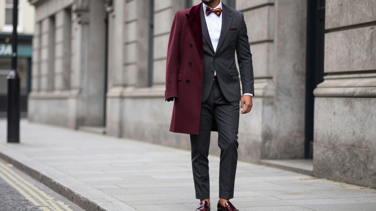 Man in a tailored suit with burgundy coat and silk bow tie in an Irish city setting
