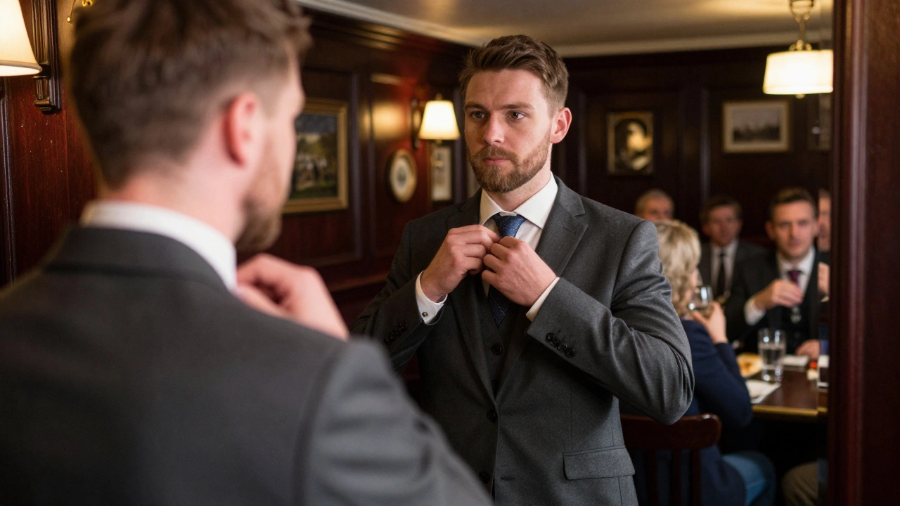 Man in charcoal suit adjusting tie in warm Irish pub interior