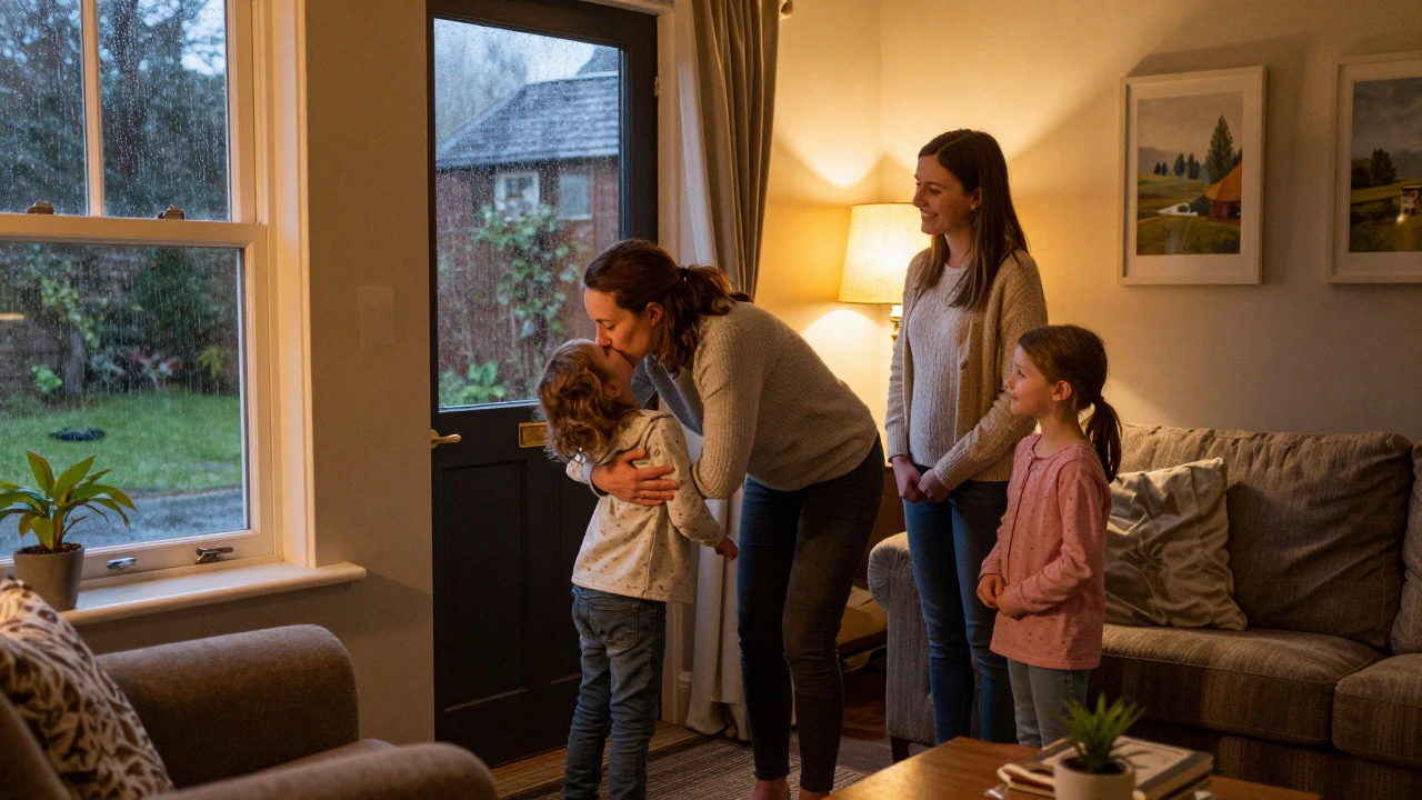 Mother saying goodbye to child as babysitter arrives at a rainy Irish home.