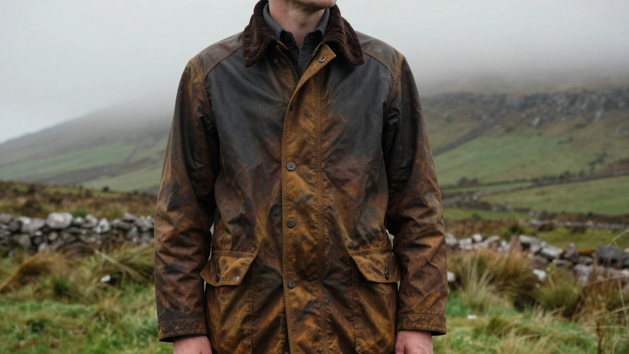 Person in a waxed Barbour jacket standing in misty Irish countryside