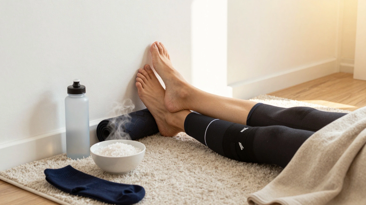 Person relaxing with legs elevated, surrounded by foot care items at home