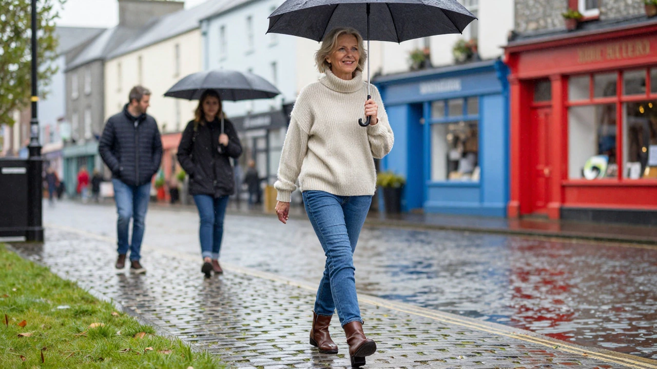 Senior woman walking in Galway wearing jeans and boots in rain