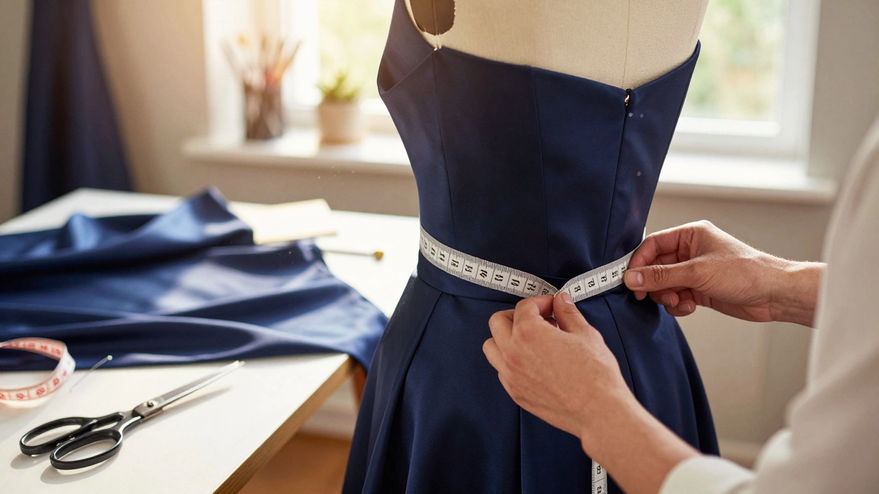 Tailor adjusting navy satin gown on mannequin