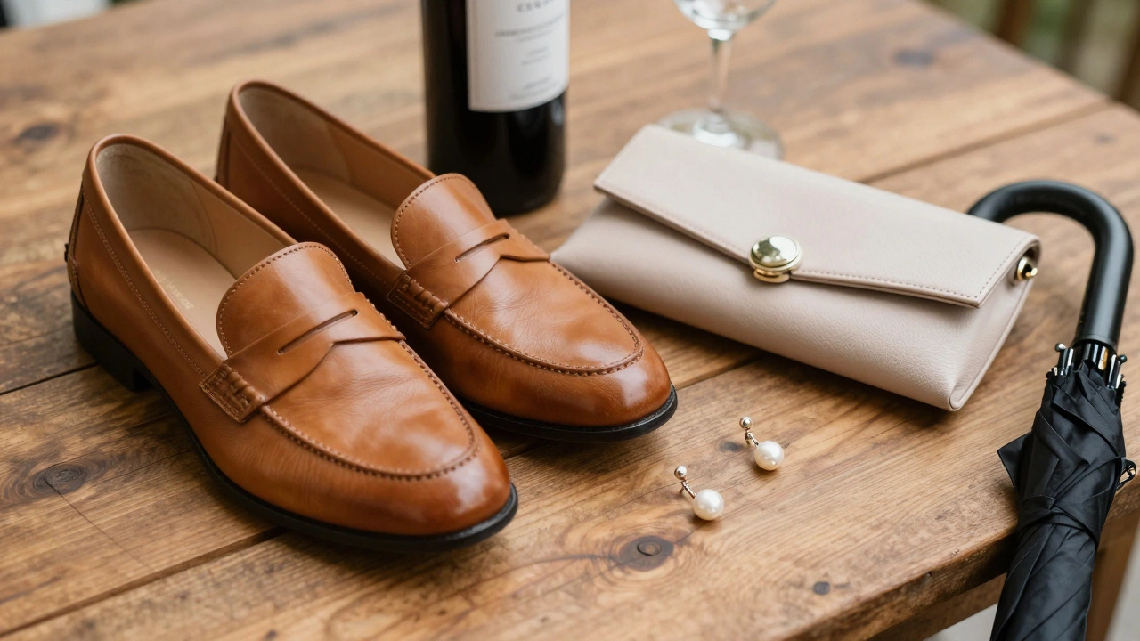 Wedding accessories: loafers, clutch, pearls, and umbrella on wood