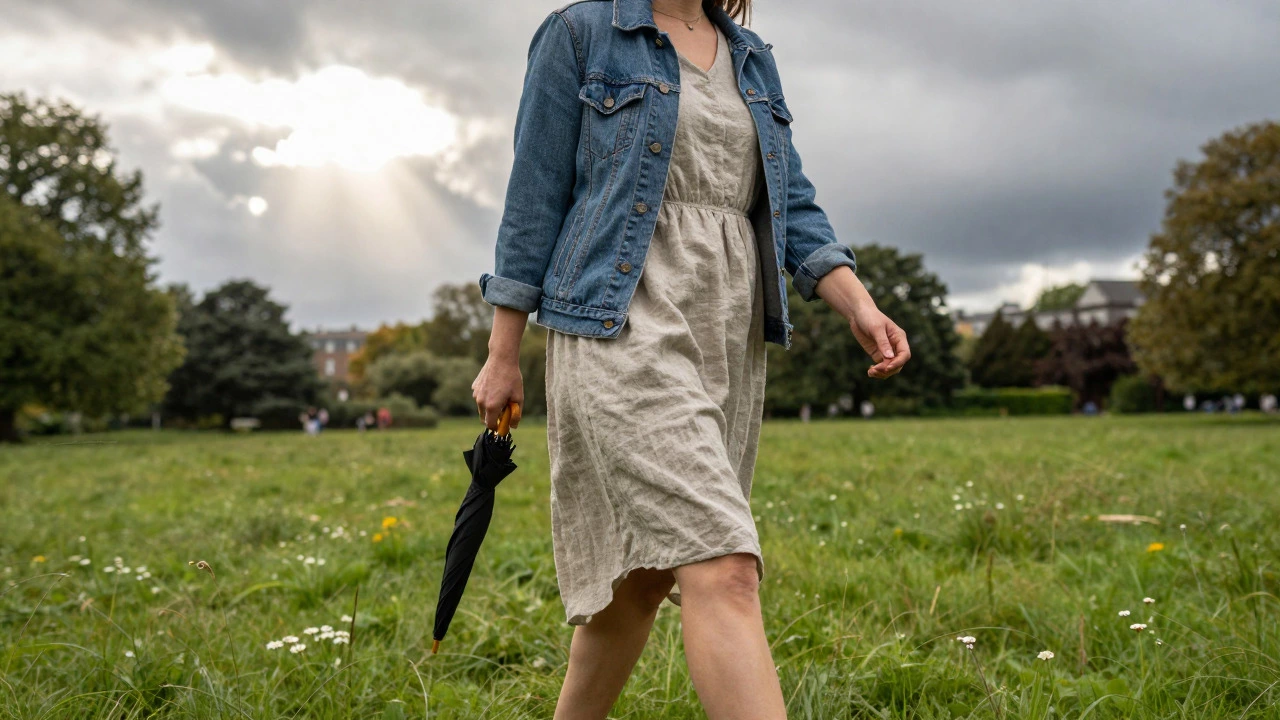 Woman in a layered summer dress walking in Phoenix Park under changing skies