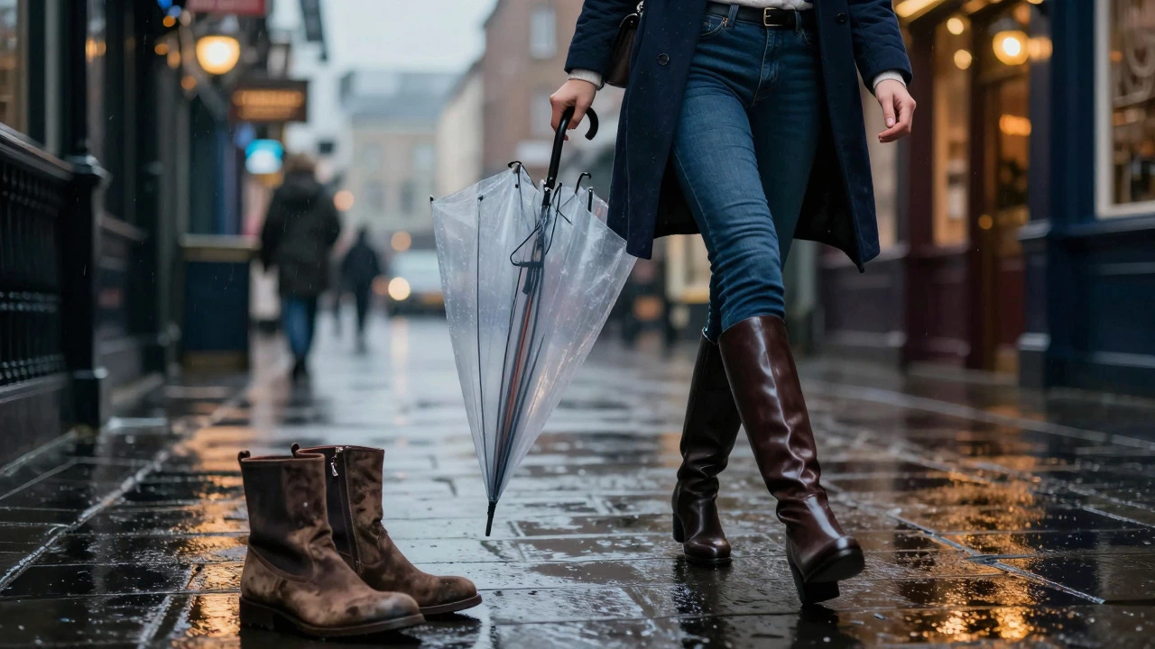 Woman in knee-high leather boots walking in rainy Dublin Temple Bar at dusk