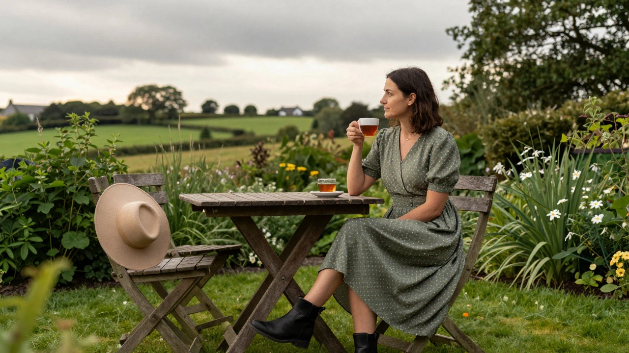 Woman in olive dress sitting in green Irish garden