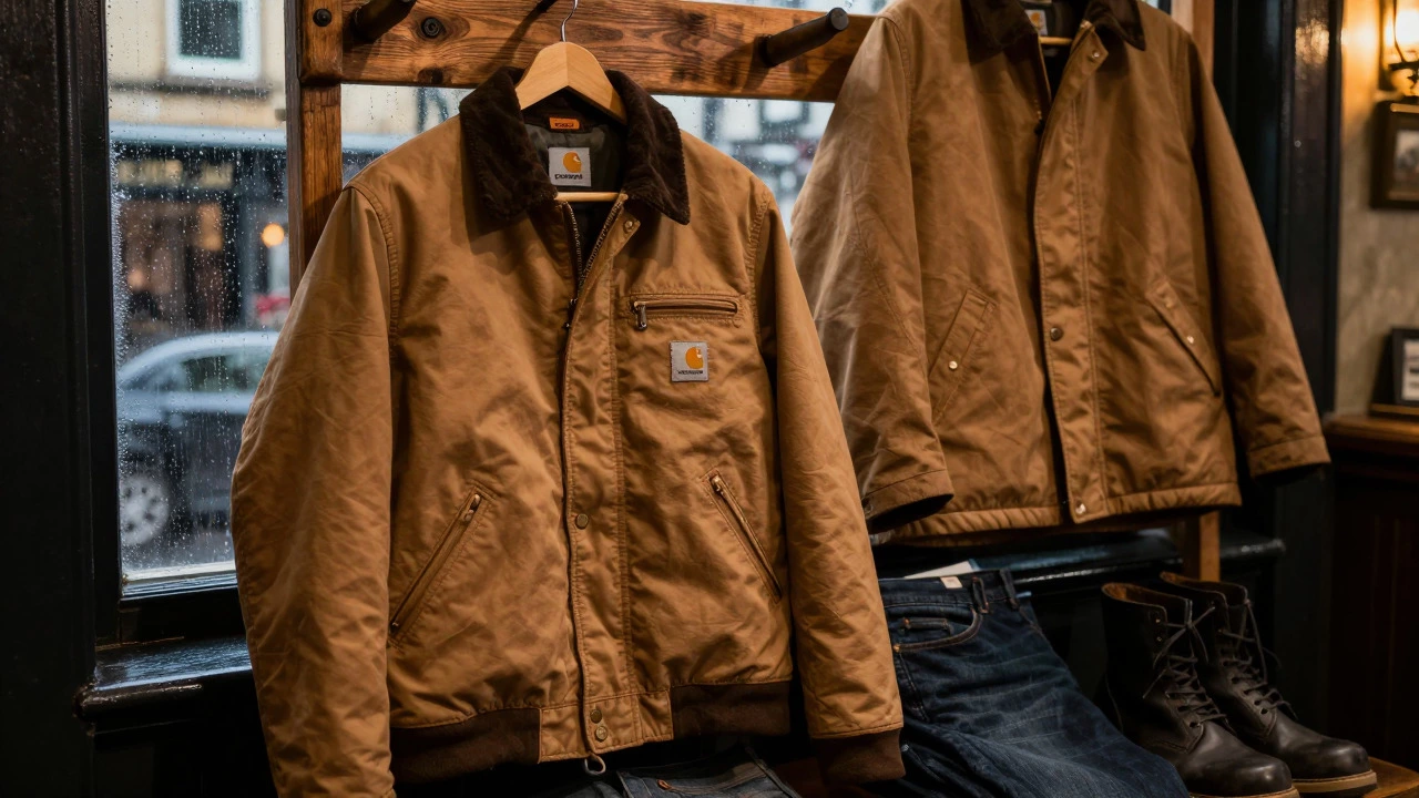 Carhartt jackets displayed in a cozy Irish shop with rain outside