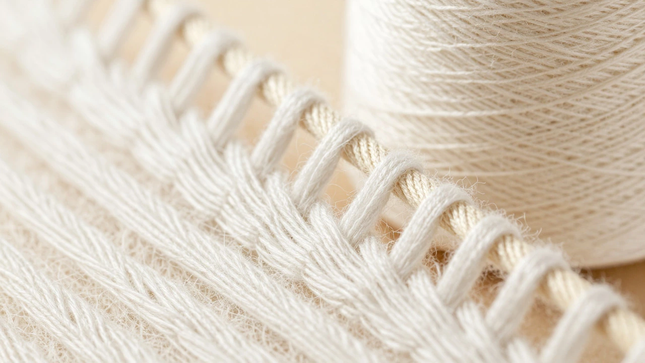 Close up of smooth ring-spun cotton yarn weaving process