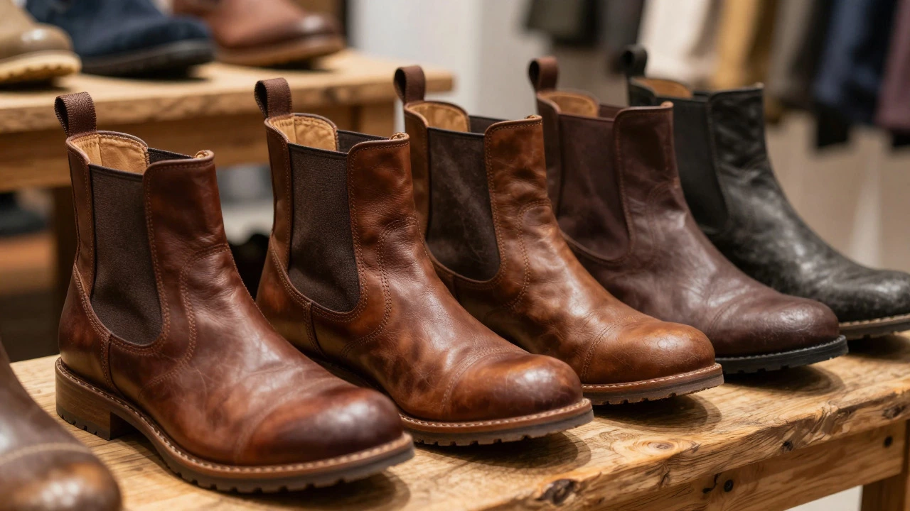 Collection of wide-toe leather and suede boots displayed on a wooden table