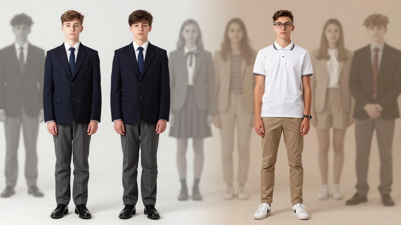 Comparison of traditional navy school uniform and modern smart casual attire.