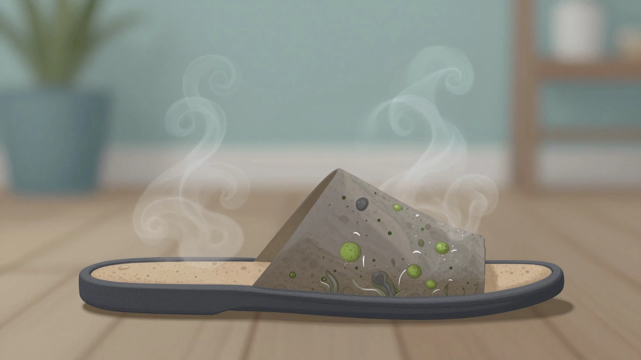 Conceptual image of moisture and odor inside a slipper lining