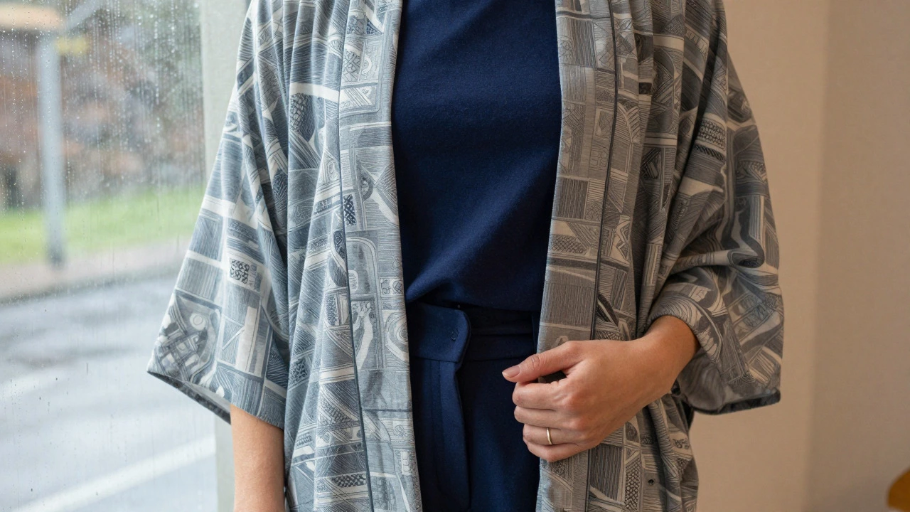 Detail of a kimono cover-up layered over a top for modesty and style.