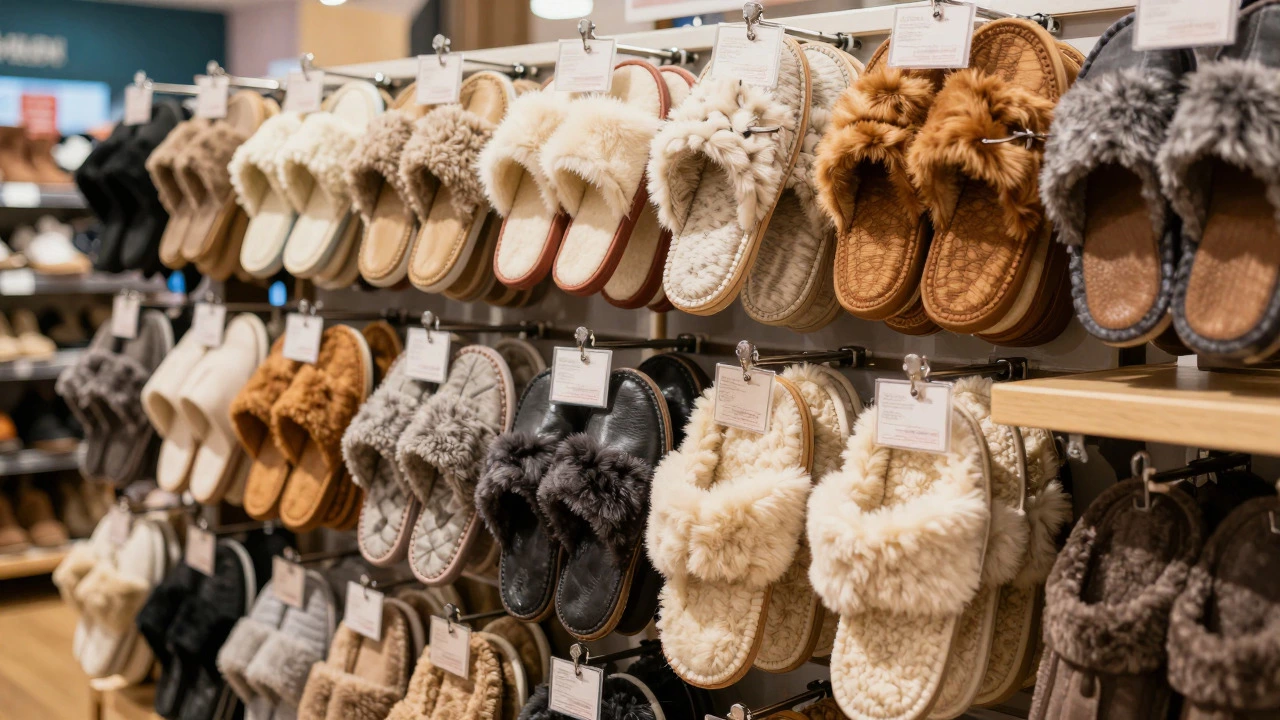 Display of new slippers in a store during seasonal transition