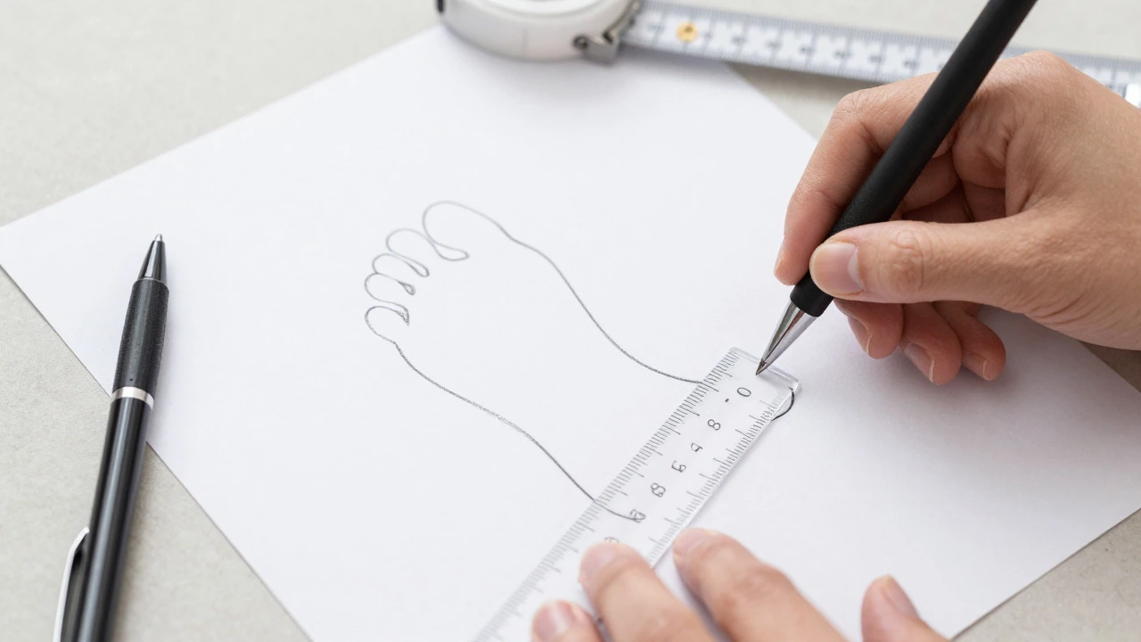 Hands using a ruler to measure a foot outline on paper for sizing