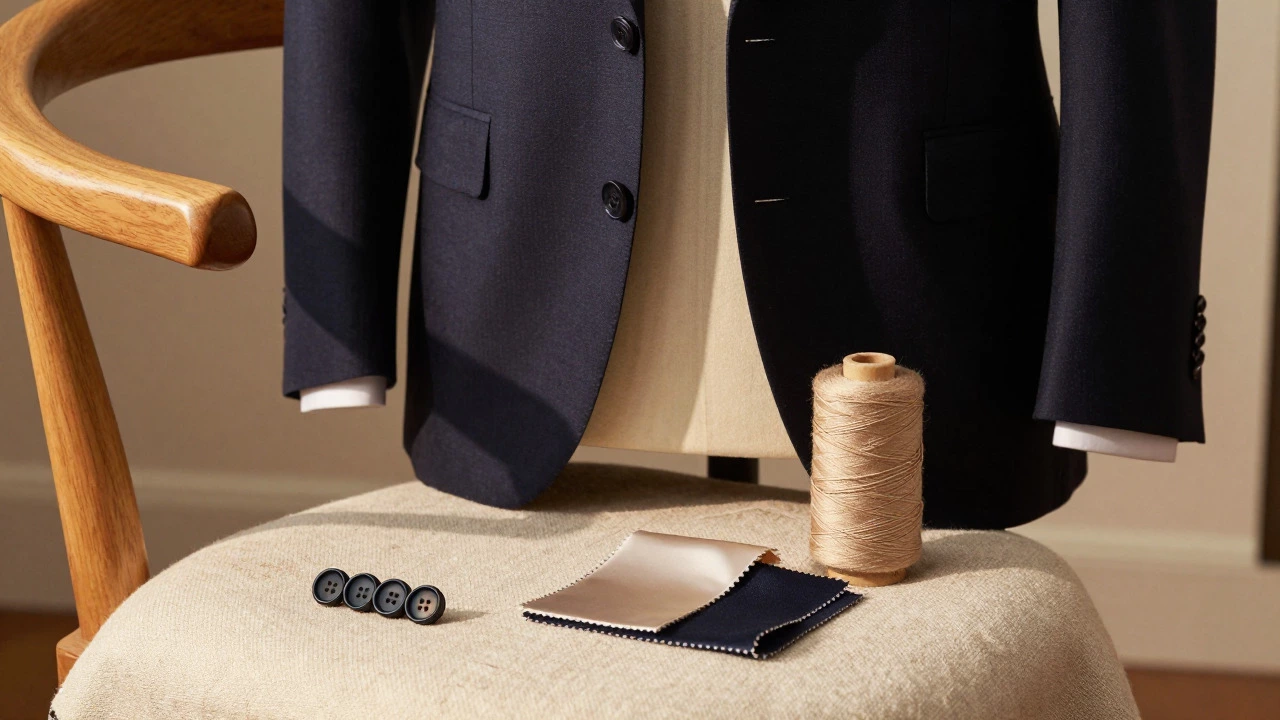 Horn buttons and silk lining samples on a luxury suit jacket