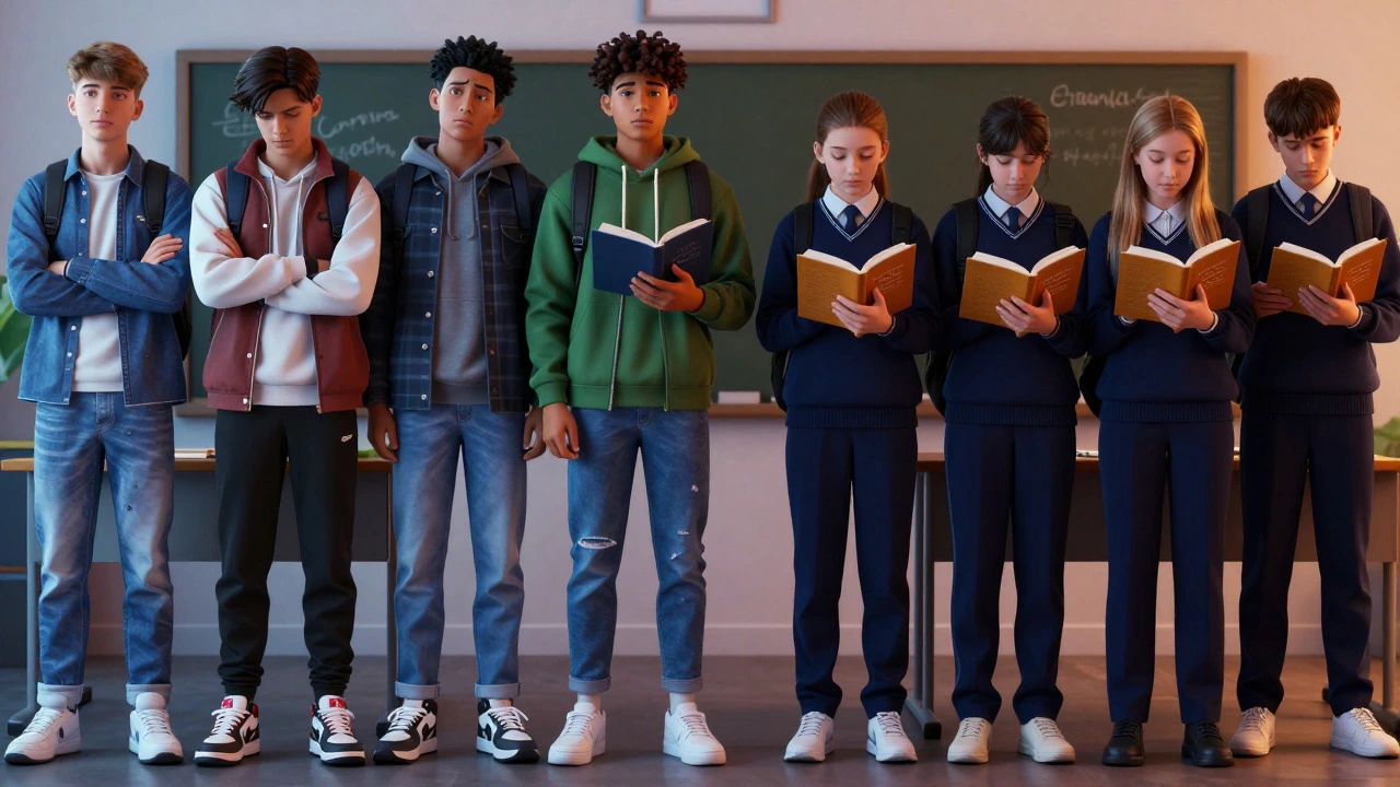 Illustration comparing students in trendy clothes versus plain uniforms