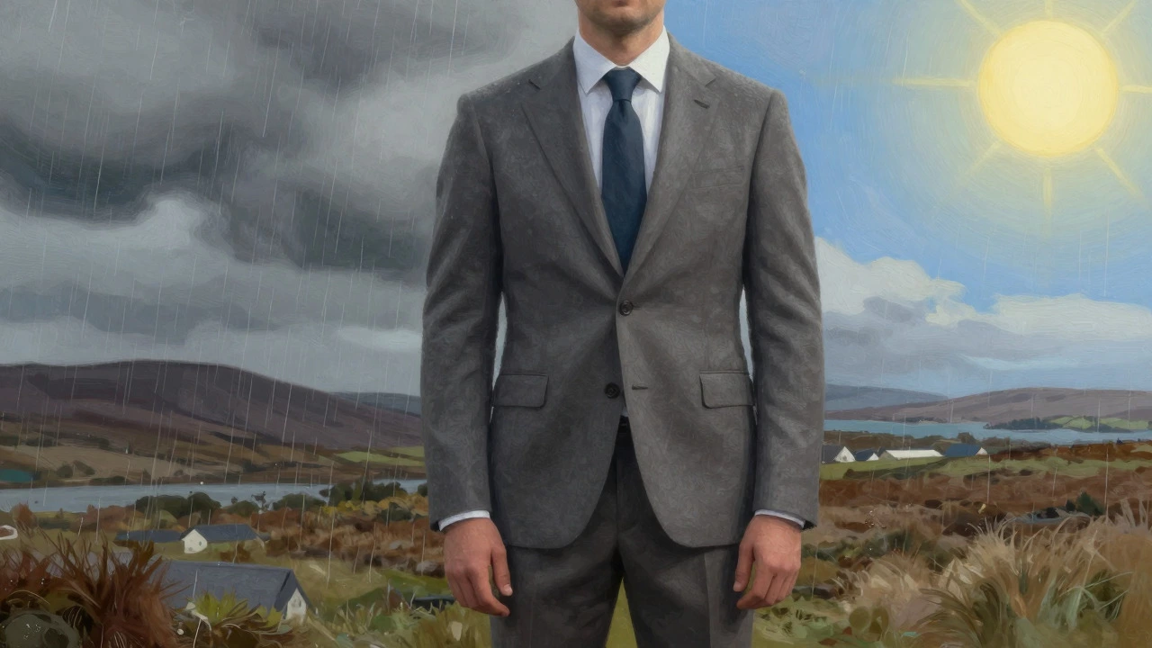 Illustration of a suited man standing between rain and sunshine