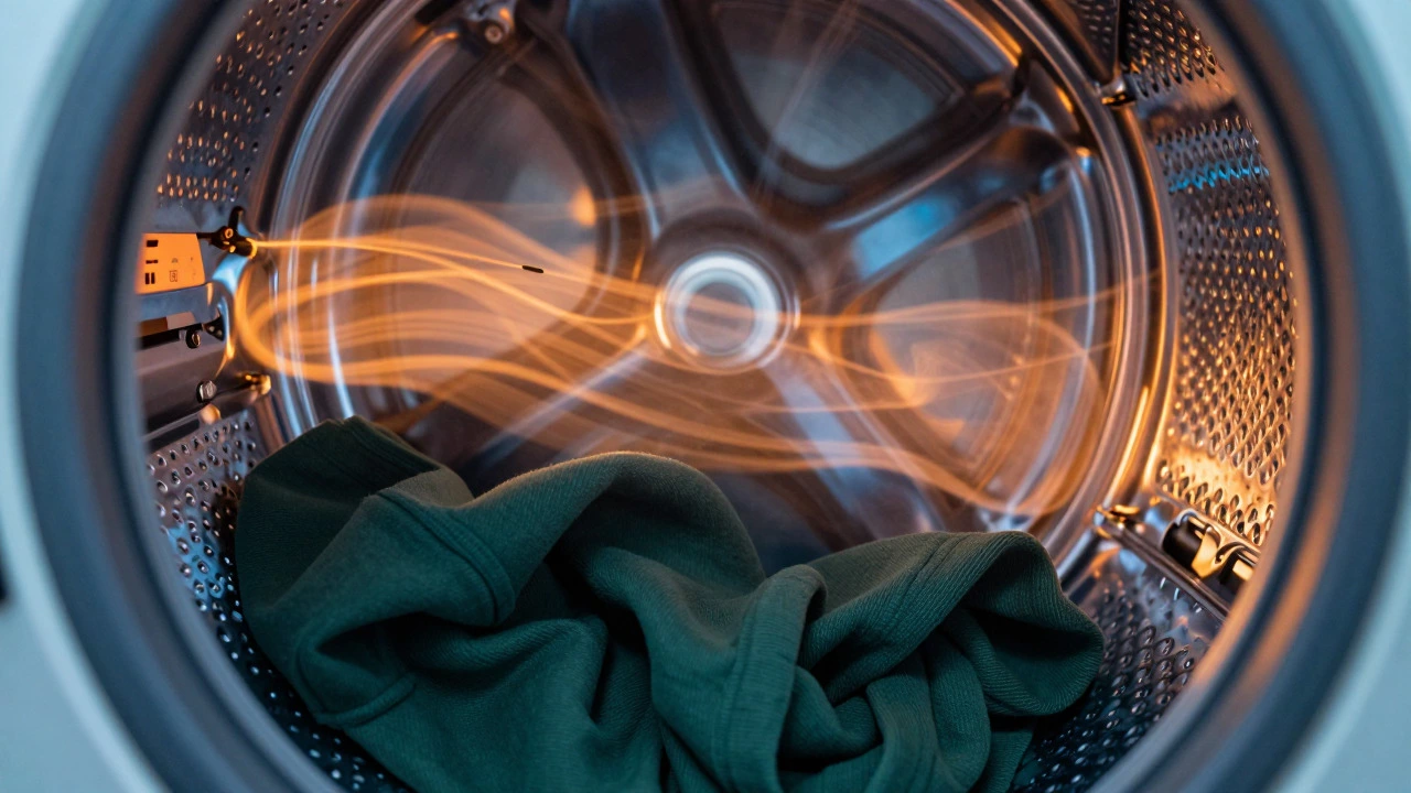 Macro view of a hoodie inside a dryer with visualized heat waves