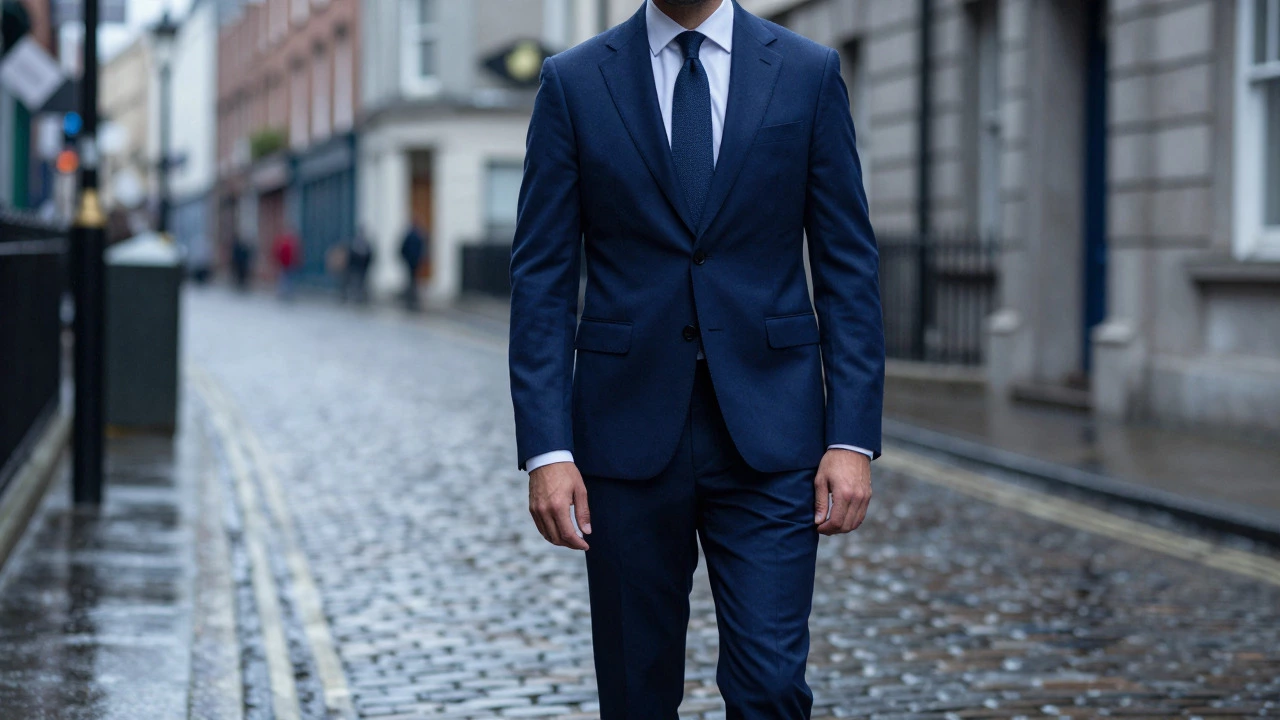 Man in fitted navy suit standing on a rainy Dublin street