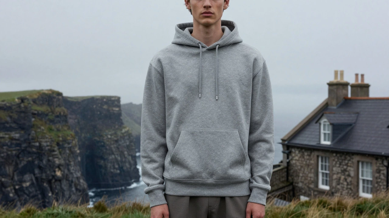 Model in grey hoodie against misty Irish cliffs