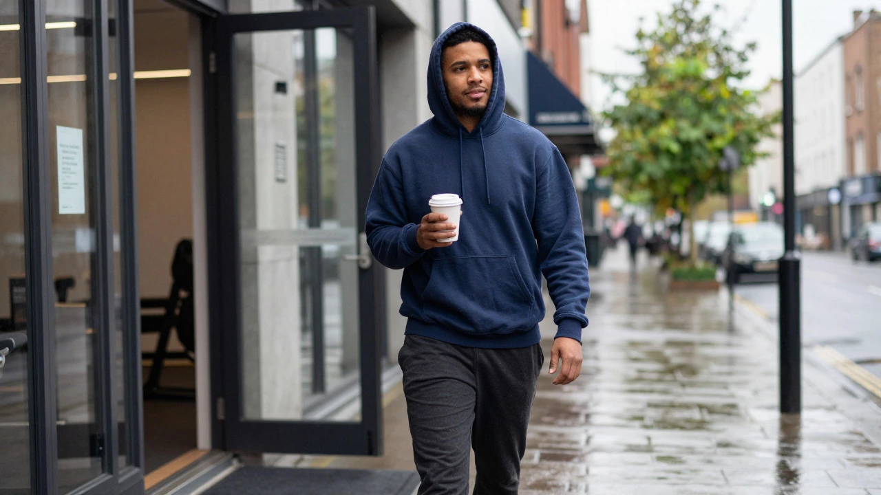 Person in navy hoodie walking from gym into rainy Dublin street