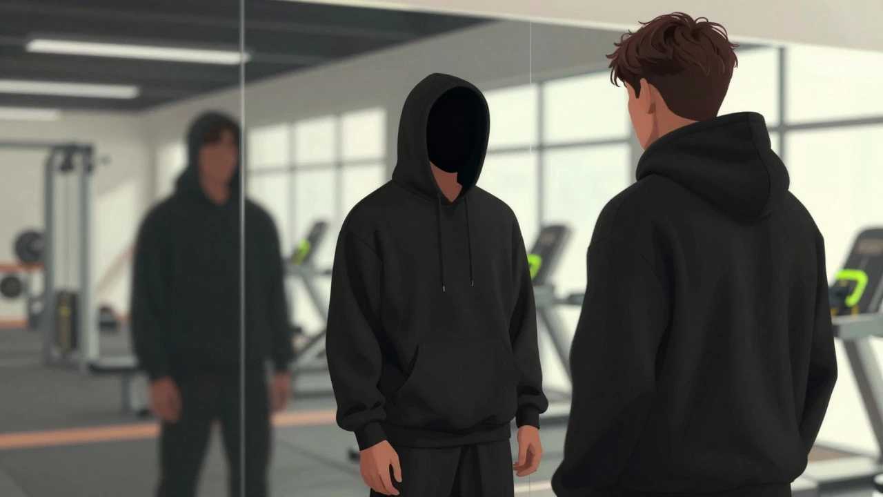 Person in oversized hoodie facing gym mirror, feeling secure
