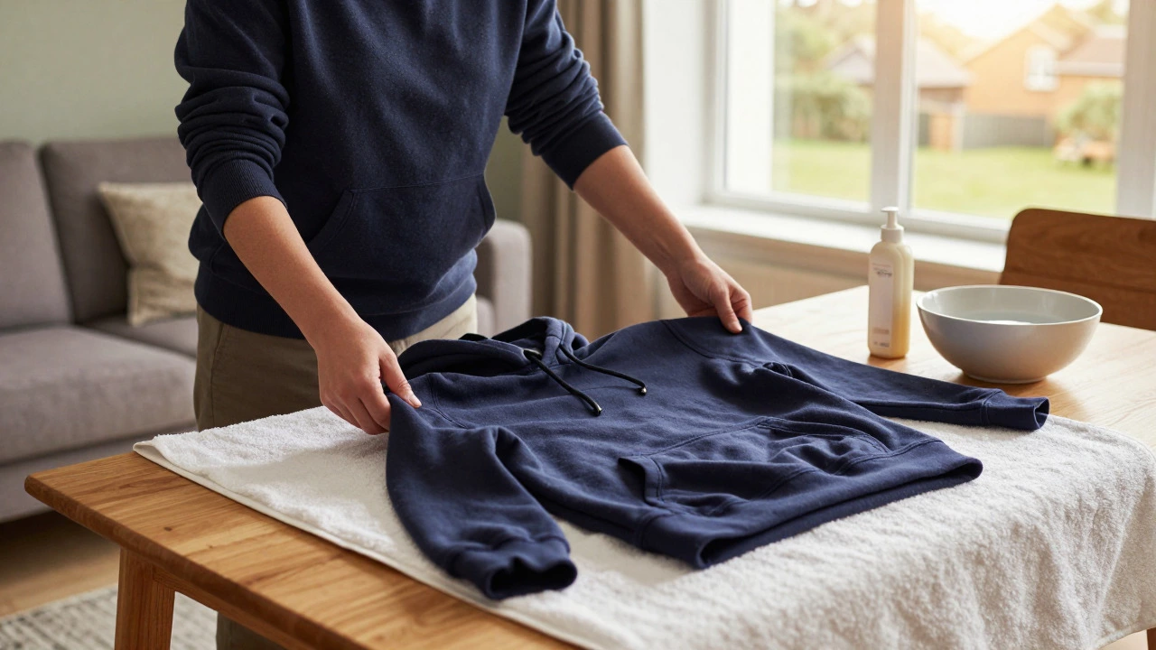 Person stretching a wet hoodie flat on a towel to restore size