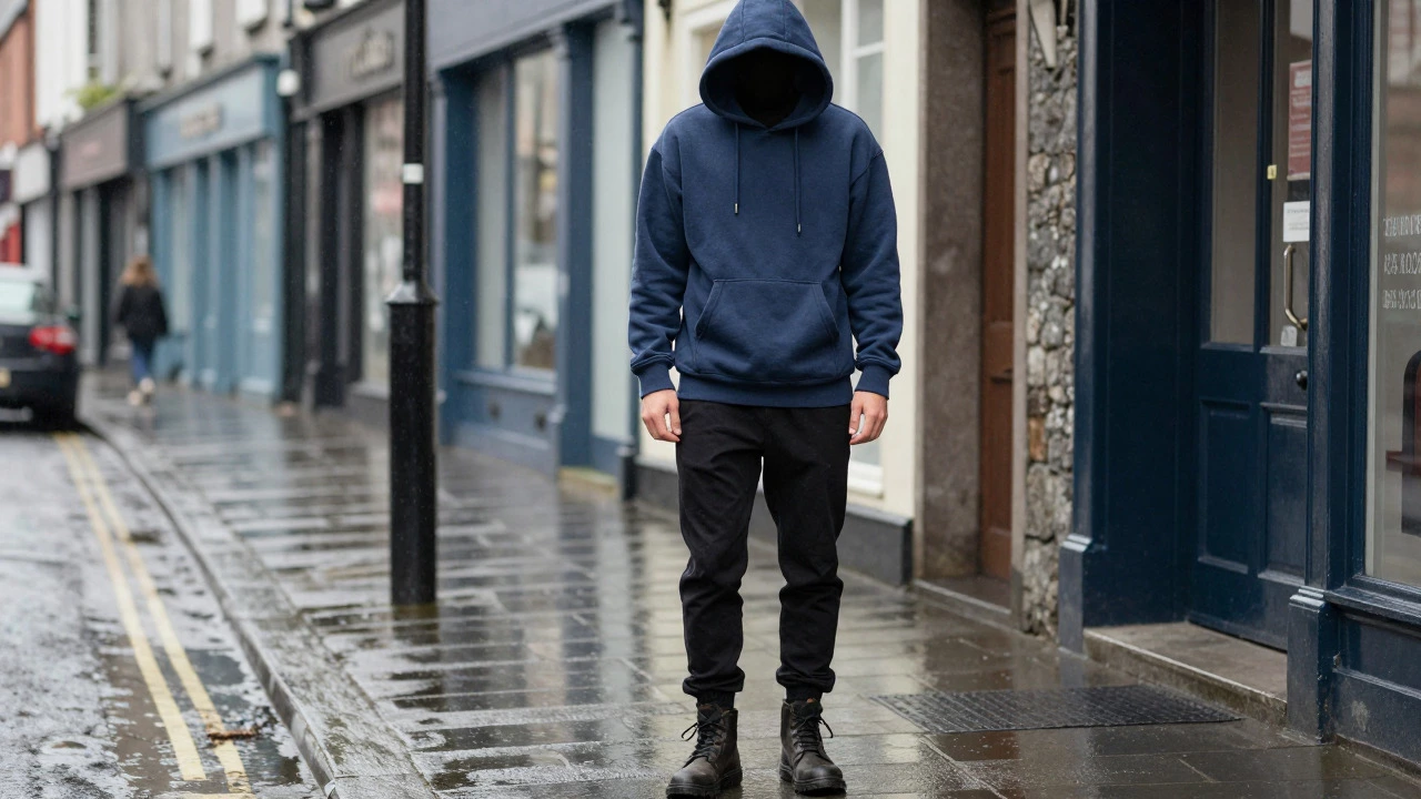 Person wearing a layered navy boyfriend hoodie in rainy Galway weather