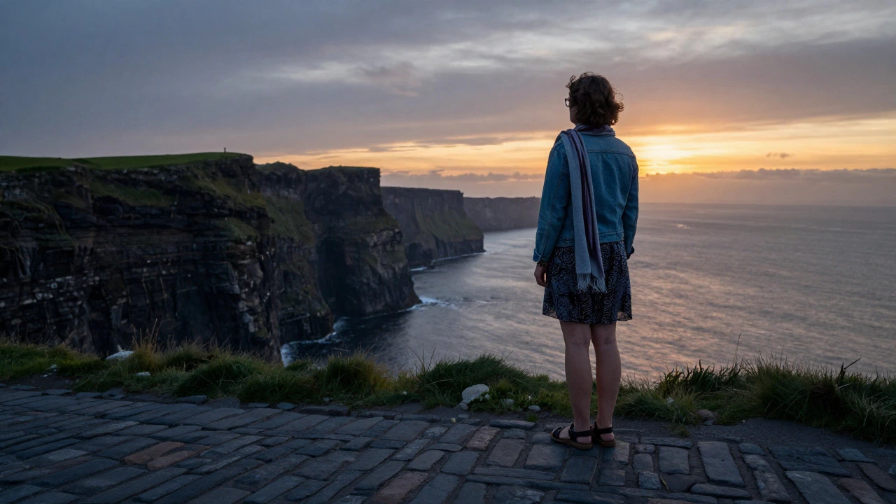 Person wearing layered outfit at Irish coastal sunset showing temperature change