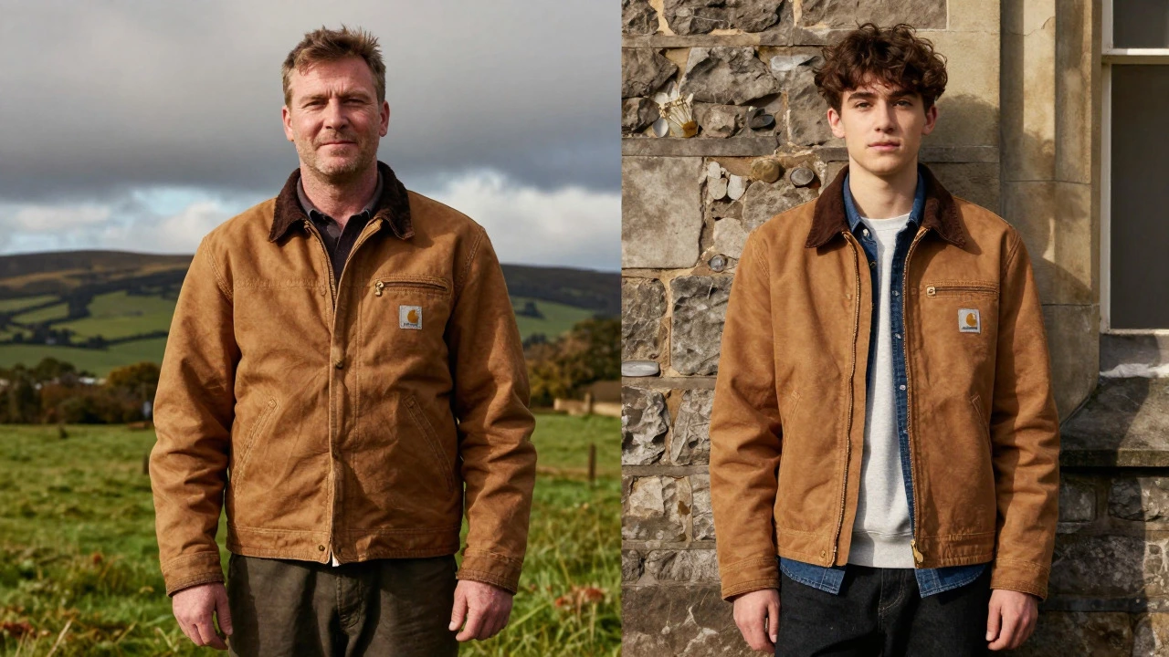 Split view of Carhartt worn by a farmer and a student in Ireland