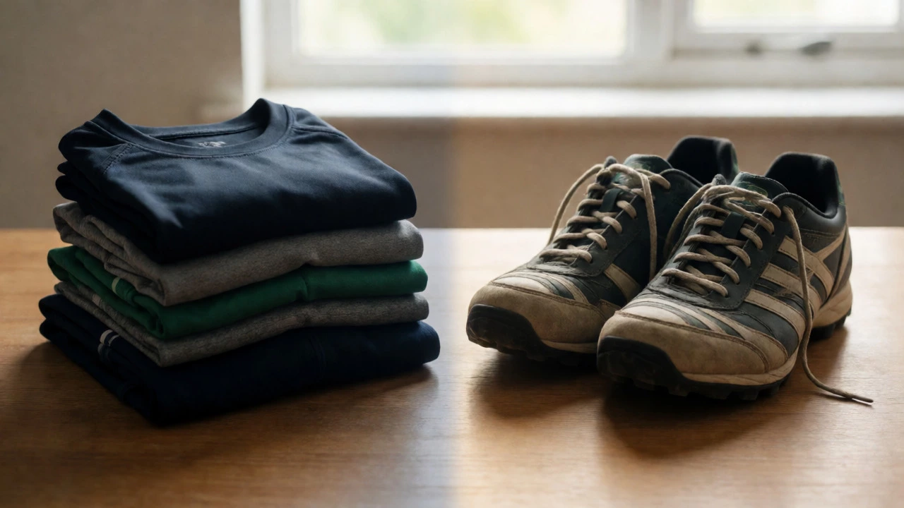 Sportswear clothes and athletic shoes arranged separately on a table