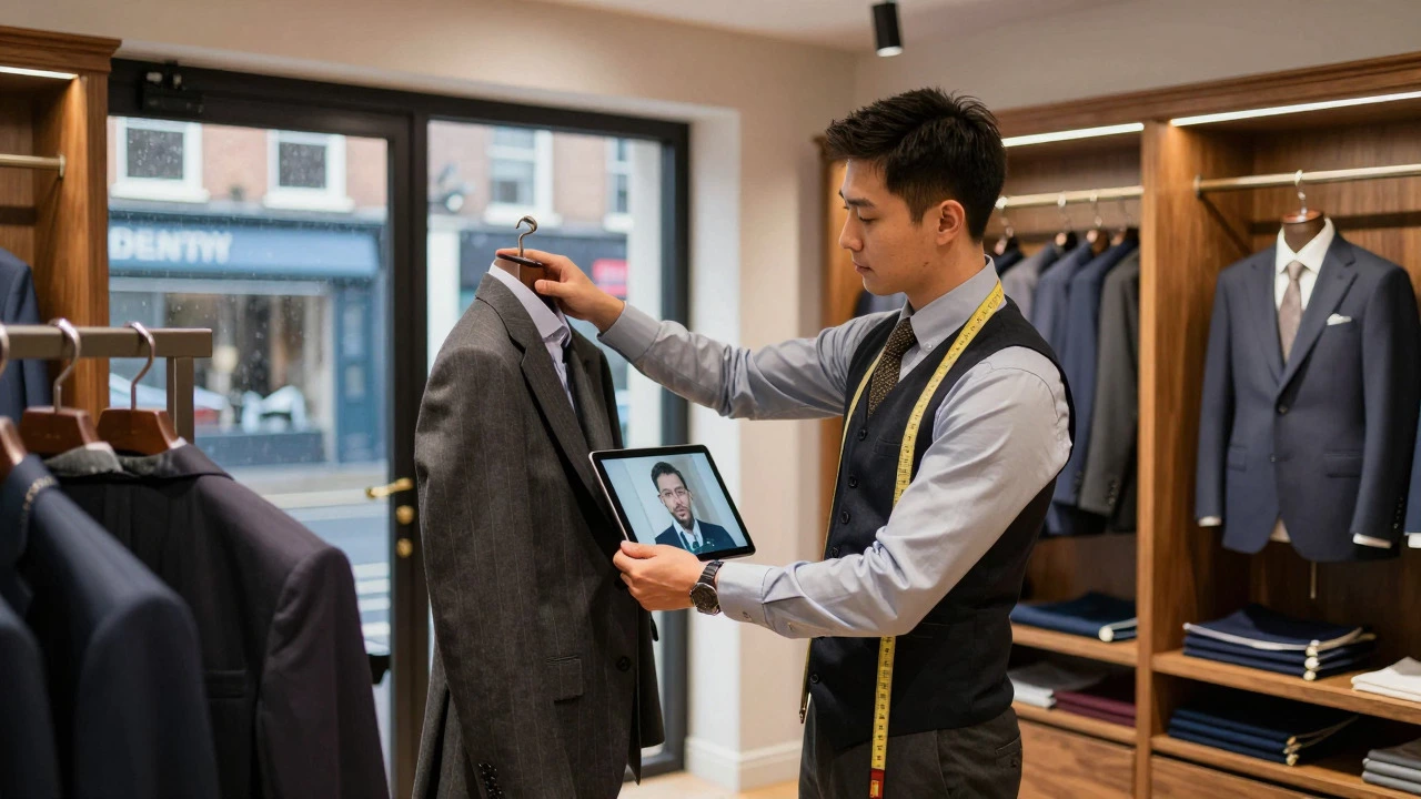 Tailor assisting a customer with a suit via video call in a shop