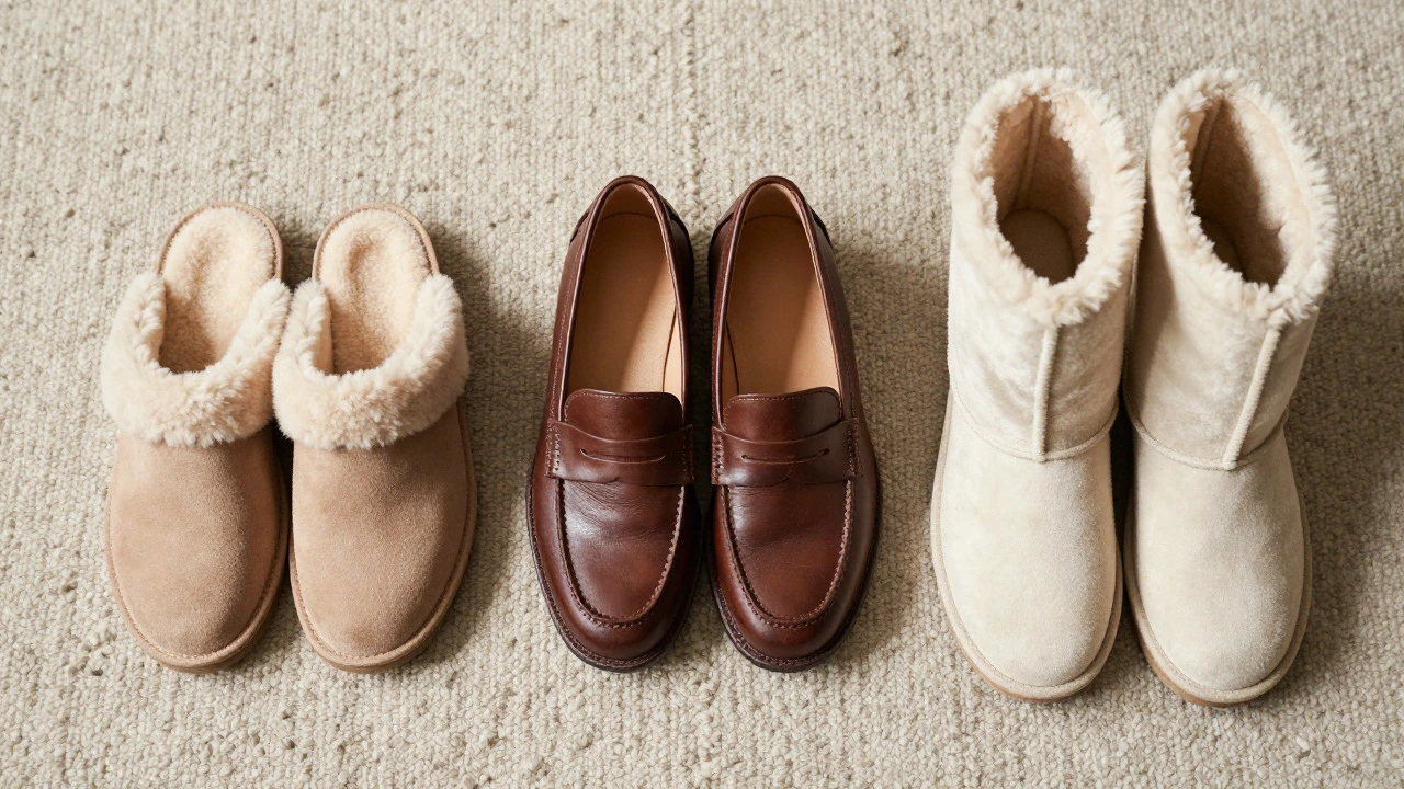 Three pairs of different slipper styles arranged on a wool rug