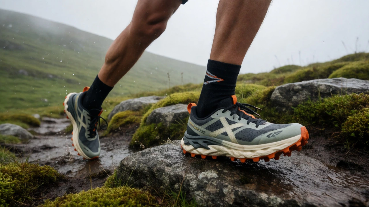 Trail runner's feet gripping wet rocks in the Wicklow Mountains