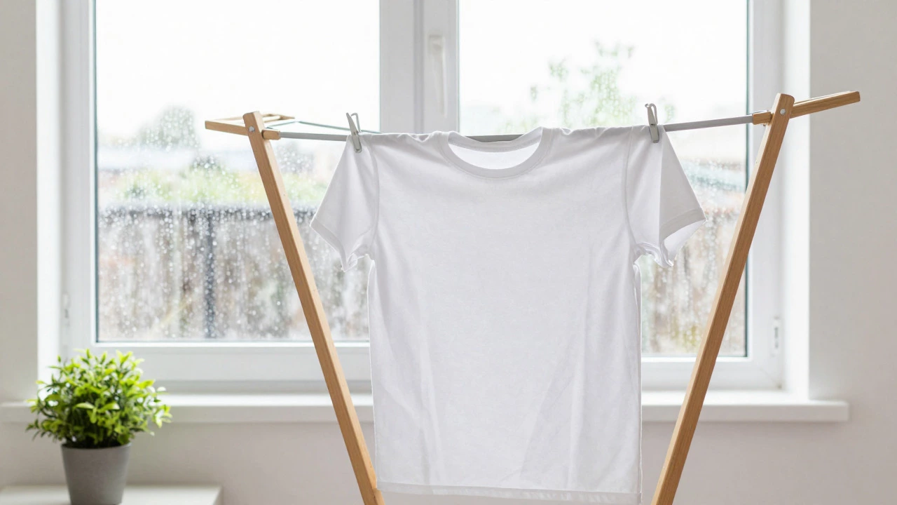 White t-shirt air drying on rack near rainy window