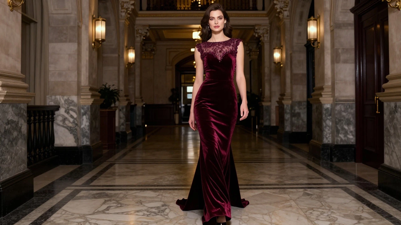 Woman in burgundy velvet evening gown in grand hotel hall