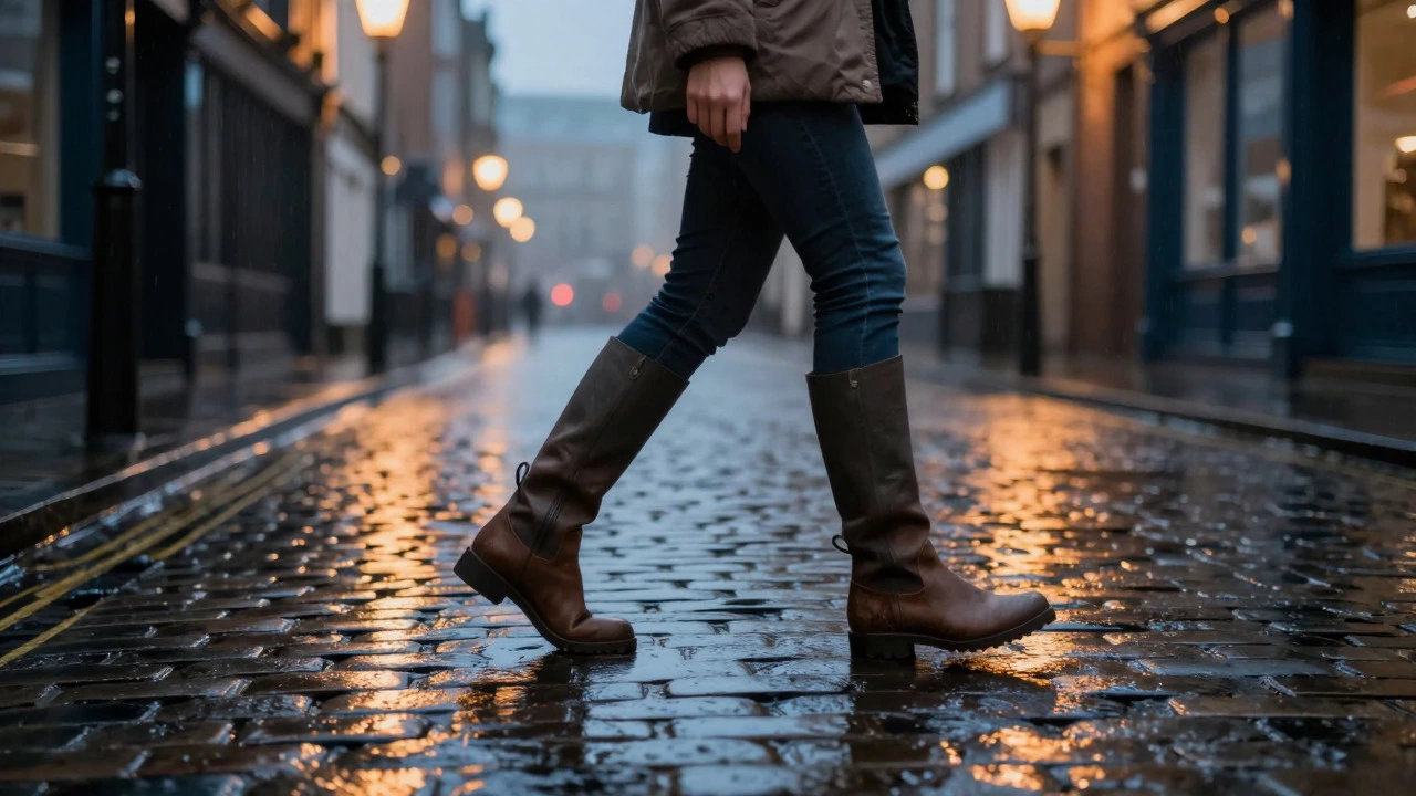 Woman walking comfortably in fitted boots on wet cobblestones in Dublin
