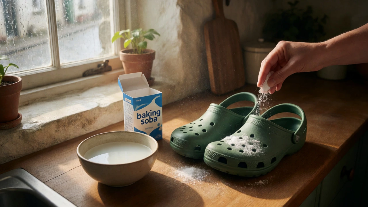 Cleaning Crocs with baking soda and vinegar on a wooden counter near a rainy Irish window.