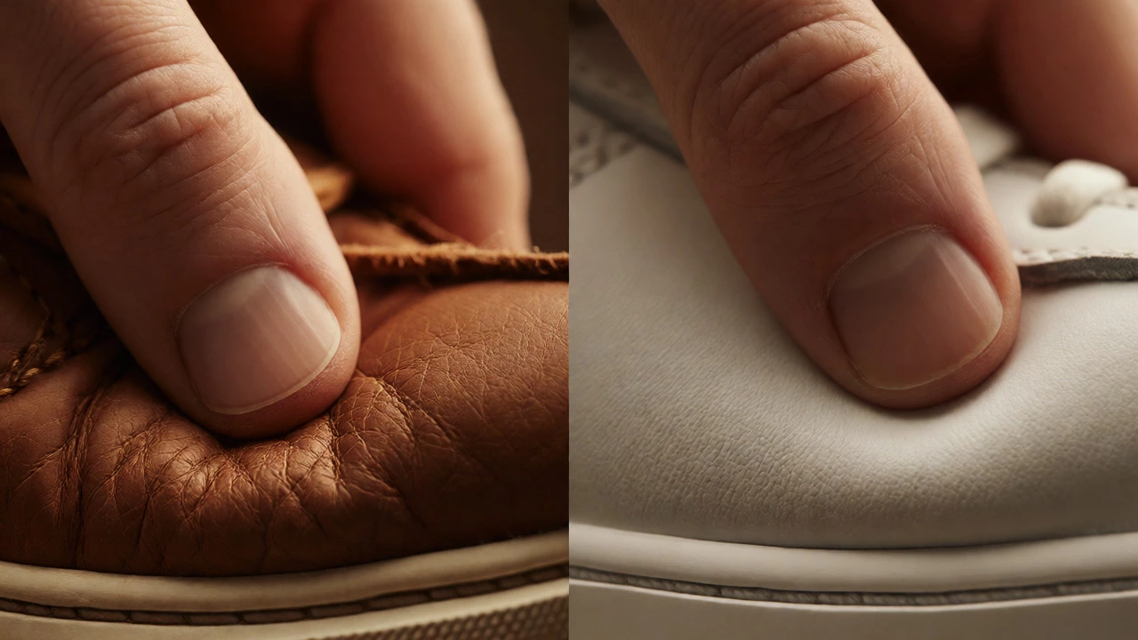 Close-up comparing wrinkling genuine leather vs smooth synthetic sneaker material