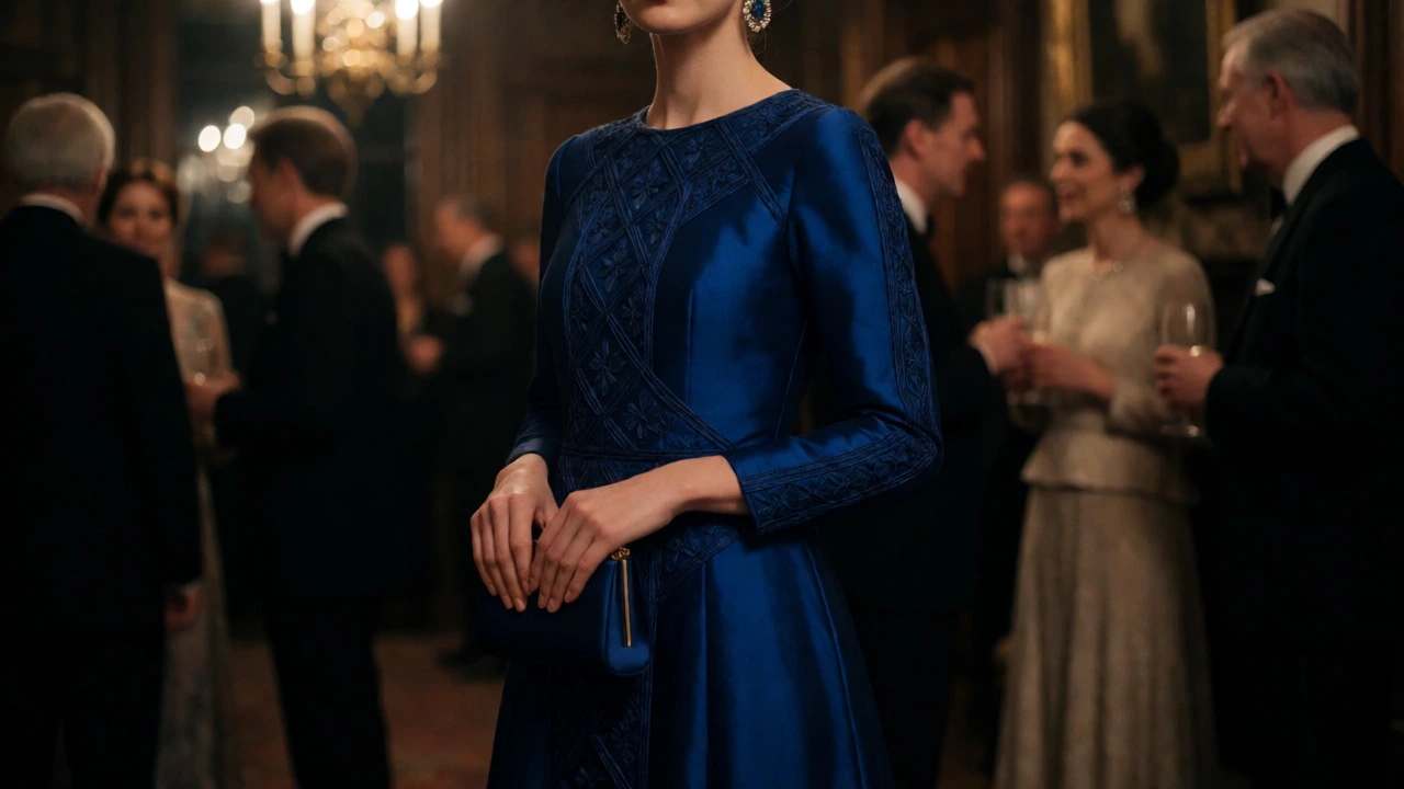 Close-up of a guest in a sapphire gown with statement earrings at a gala.