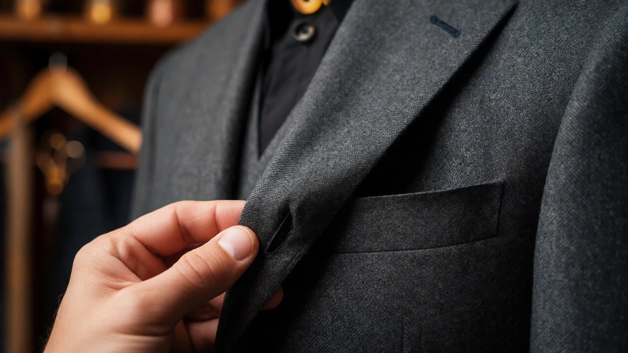 Close-up of hands pinching a charcoal wool suit lapel to show canvas construction and fabric quality.