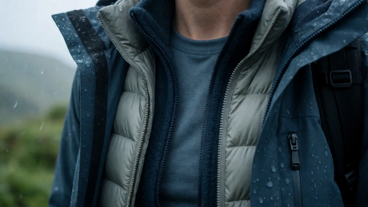 Close-up of hiker's three-layer jacket system showing waterproof shell and insulating fleece