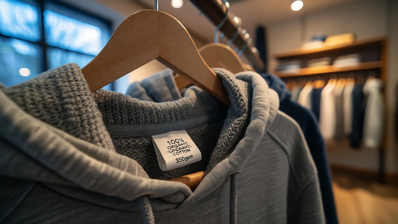 Close-up of organic cotton hoodie label next to a thinner polyester hoodie in a shop.